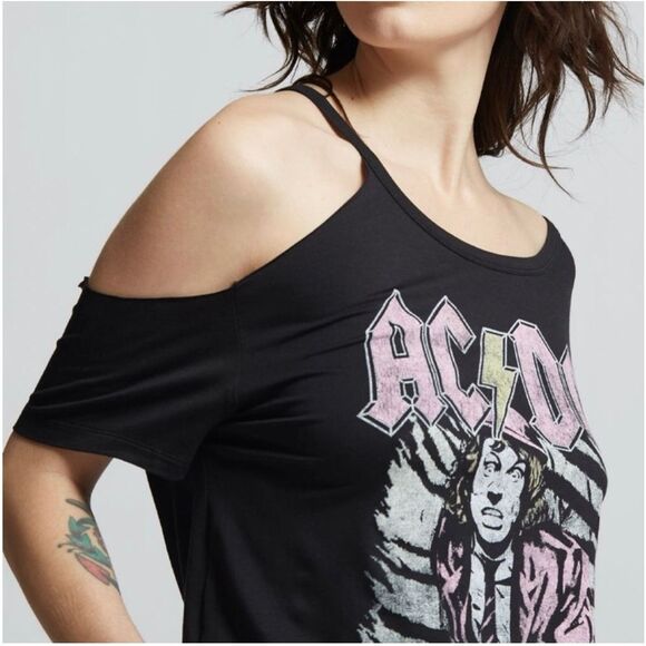 Recycled Karma AC/DC Band T-shirt size L Asymmetrical cold shoulder rock - Picture 2 of 7